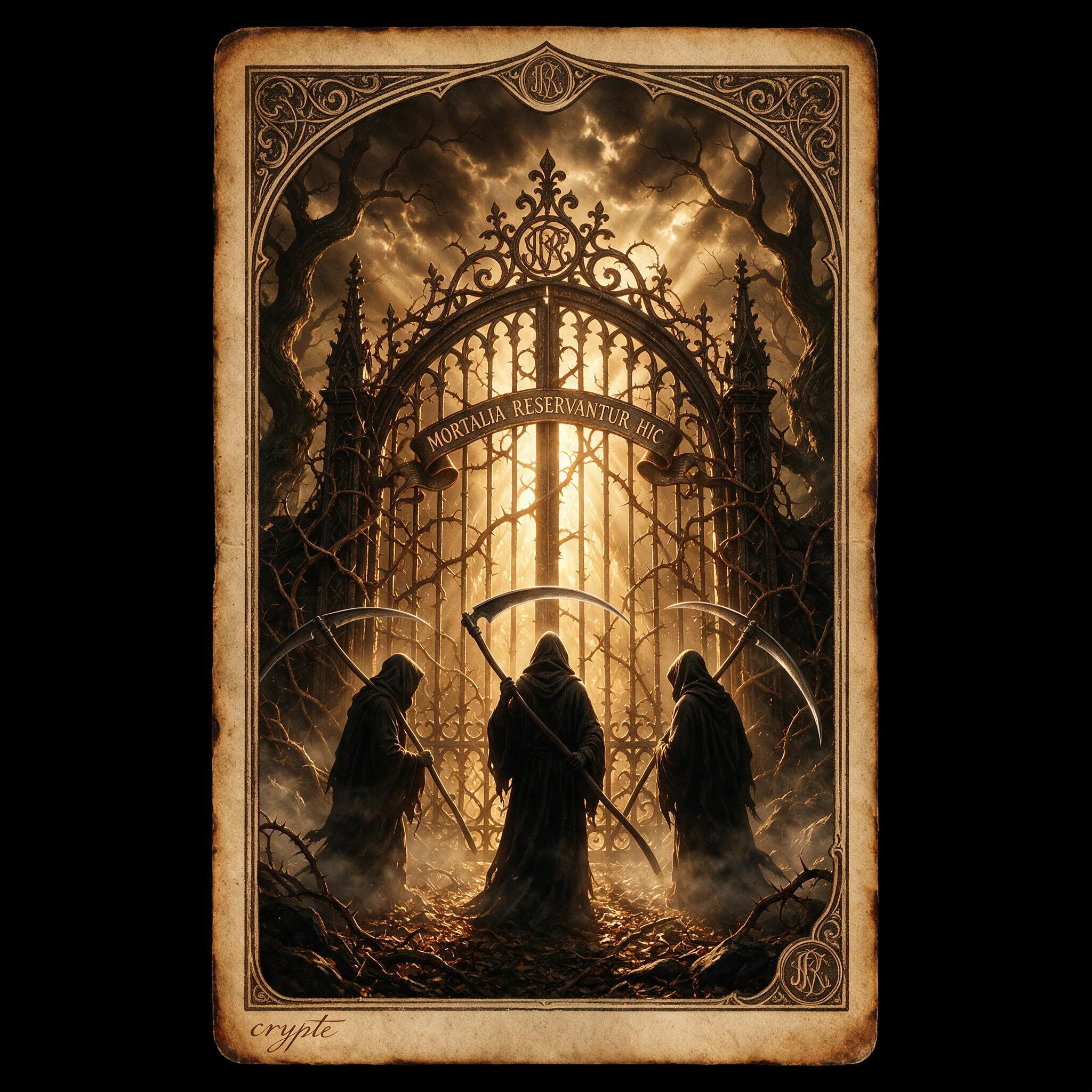 An authentic, age-weathered sepia-toned lithograph print with scorched edges, framed as an antique tarot card. The scene depicts three cloaked, faceless reapers from behind, wielding razor-sharp scythes, at the foot of massive, ornate wrought-iron ca