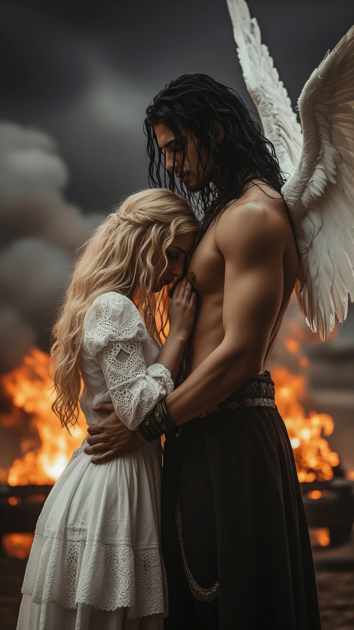{ "visual_elements": { "background": { "elements": [ { "atmosphere": "ominous", "color": "dark gray", "type": "clouds" }, { "color": "orange and red", "location": "near male figure's side", "type": "fire" } ] }, "characters": [ { "clothing": { "color