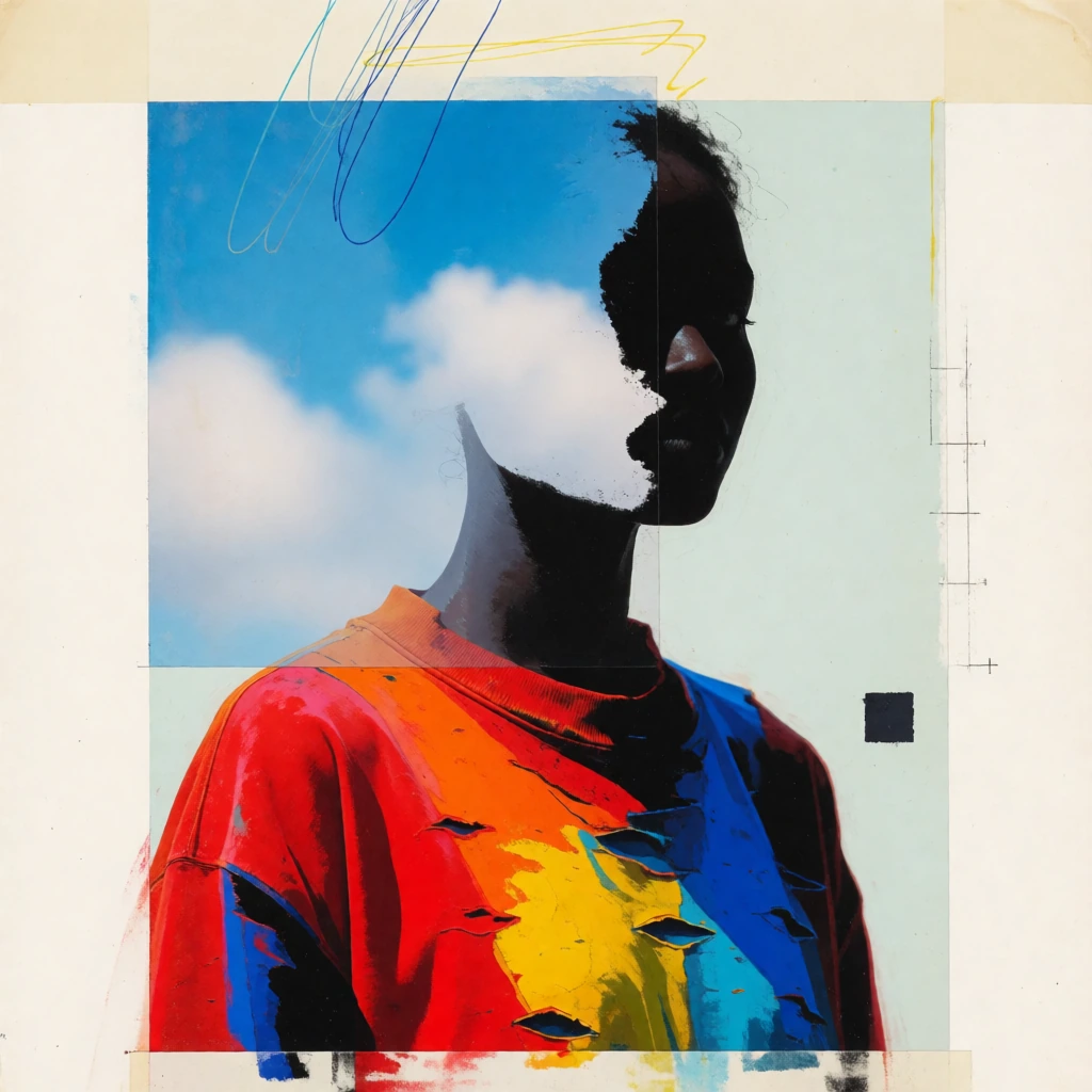 A square experimental mixed-media collage portrait of a fully clothed adult figure shown from the shoulders up, the head and neck reduced to a dark side-profile silhouette facing right while the interior of the head is filled with a bright photograph