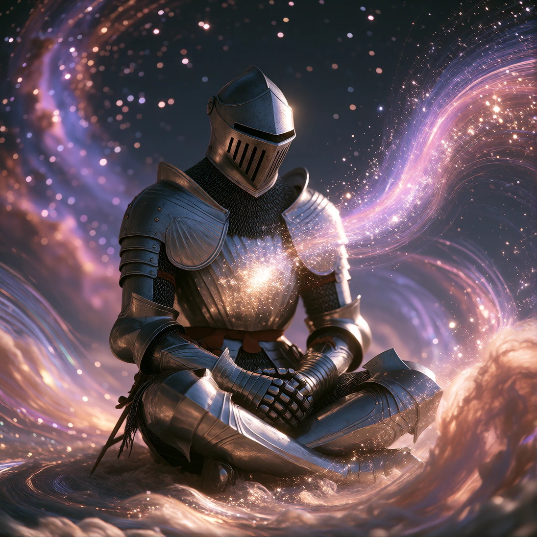 A silver-armoured knight in the lotus position floats through starfield, T-shaped visor mirror-bright reflecting a distant violet nebula. Stardust particles stream past in slow spirals; soft coloured light halos bloom around the figure. Shot on 35mm