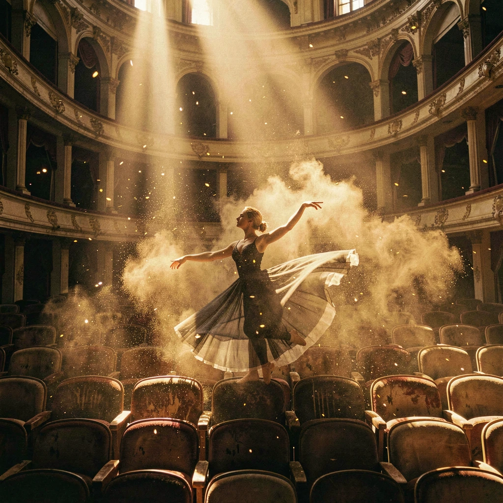 @hivewriter's vision: dancer suspended in golden light, eternally graceful