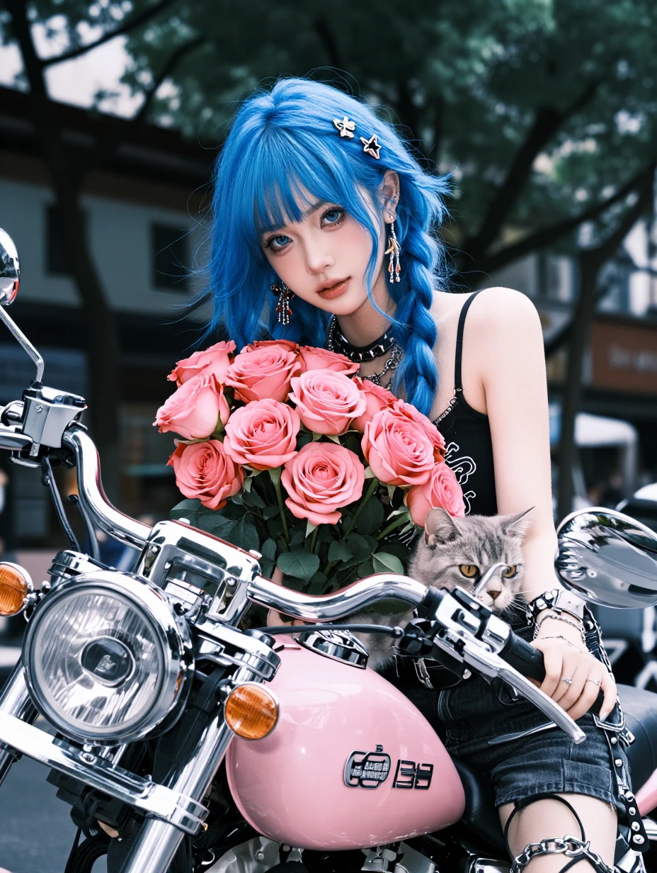 Woman bright blue hair, roses, punk, cat nearby, pink Harley, city life