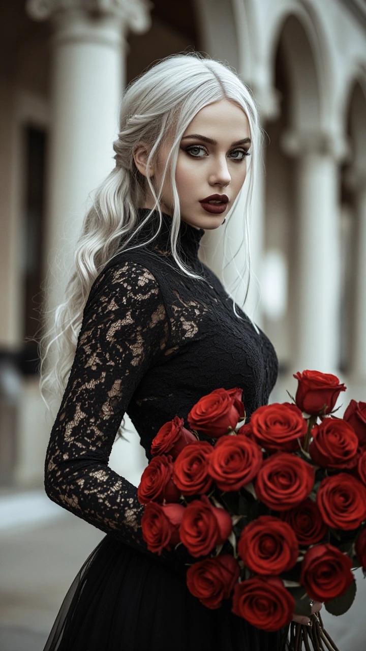 A photorealistic fashion portrait of an elegant person with long wavy platinum-blonde hair in a loose ponytail, wearing a high-neck long-sleeve black lace dress with intricate semi-transparent details, holding a large lush bouquet of deep red roses,