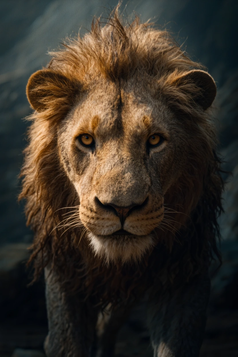 A majestic lion gazes intently forward, its rich, tawny mane surrounding a face marked by detailed fur and striking eyes. The close-up view highlights