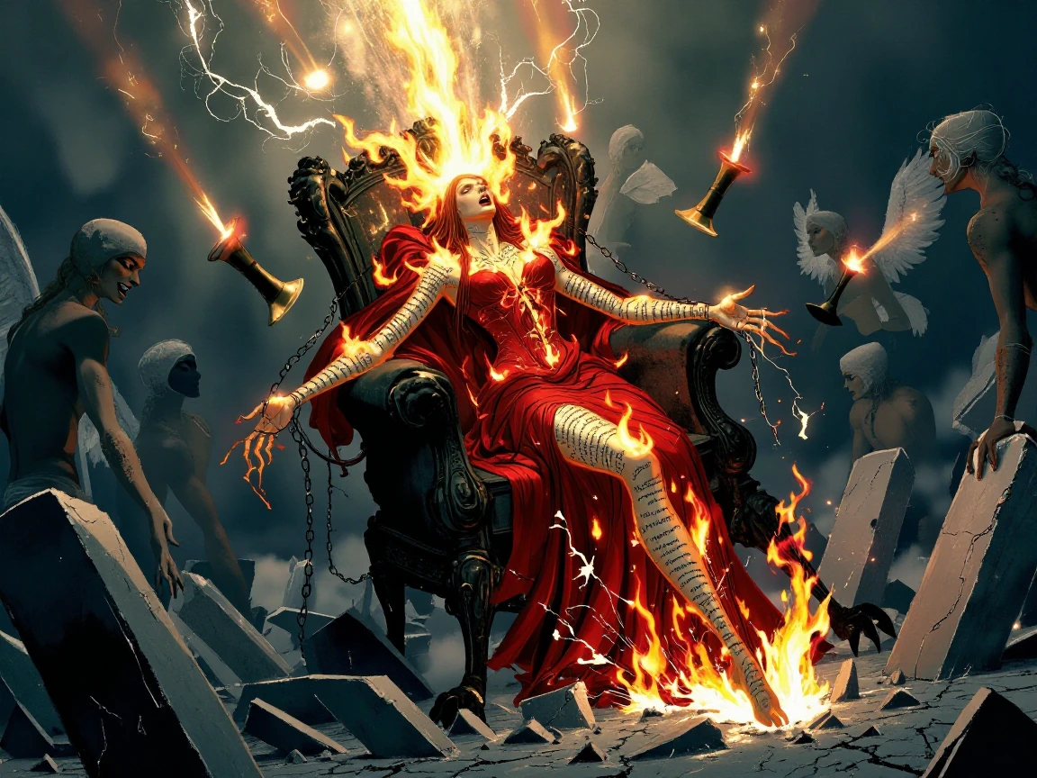 The Whore of Babylon is dragged into judgment as the heavens roar open with unbearable light. Her scarlet robes ignite, peeling from her body as livin