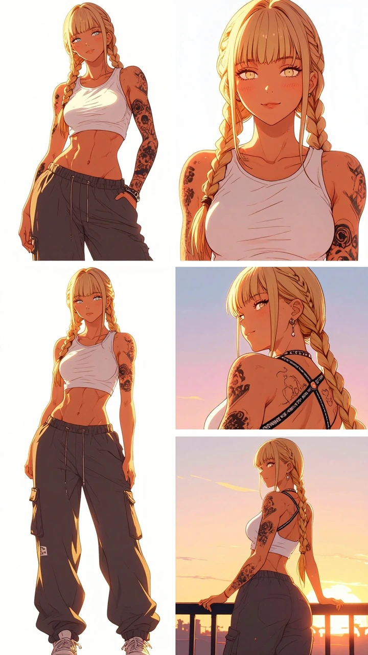 Detailed anime-style character illustration collage, multi-panel layout with clean gutters and dynamic composition, featuring a young athletic woman with long blonde hair in two braids and straight fringe bangs, toned muscular physique and defined ab
