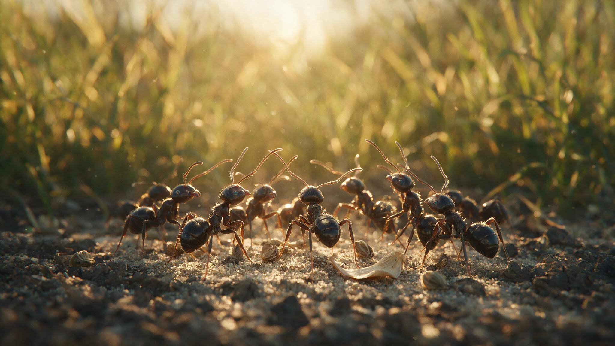 Capture a colony of ants pausing mid-march across a sunlit field, their bodies glossy black-brown chitin catching light like polished obsidian, every antenna raised and angled toward a single unseen point as if straining to hear one distant voice. Fr