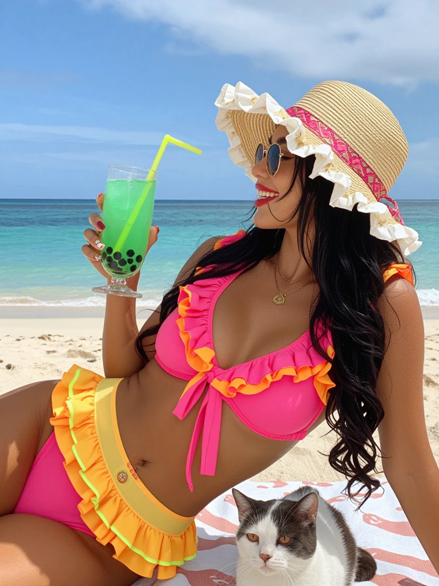 Woman at the beach relaxing with a neon Boba drink. Neon flower ruffled swimsuits. With a cat. Floppy ruffled sun hat.