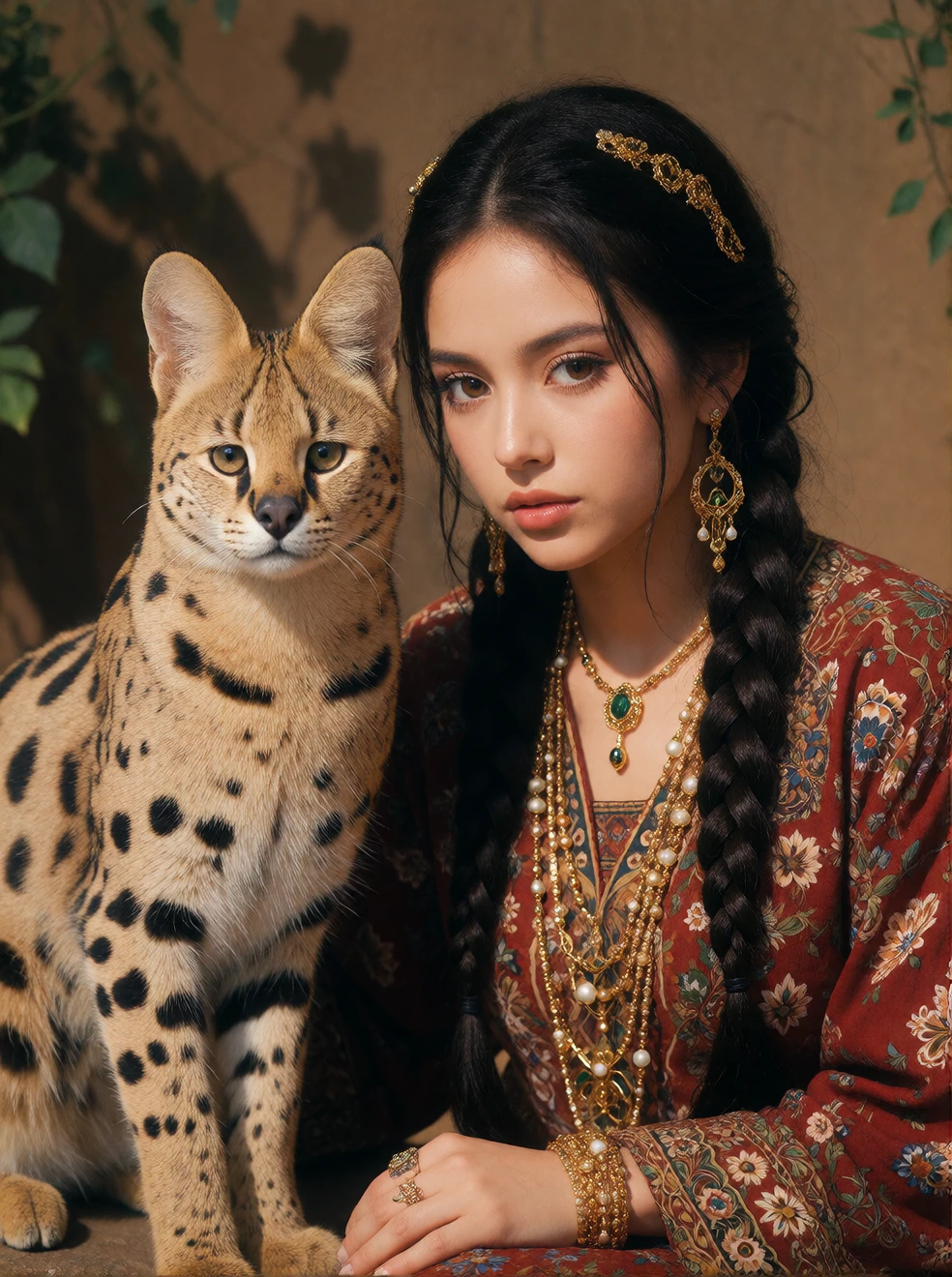 Woman braided hair with a serval cat