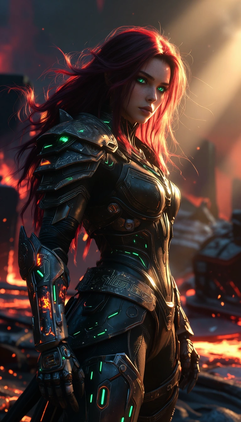 Masterpiece, best quality, ultra-detailed cinematic portrait of Eva as a Doom Slayer-inspired warrior, young woman with pale freckled skin, large glow