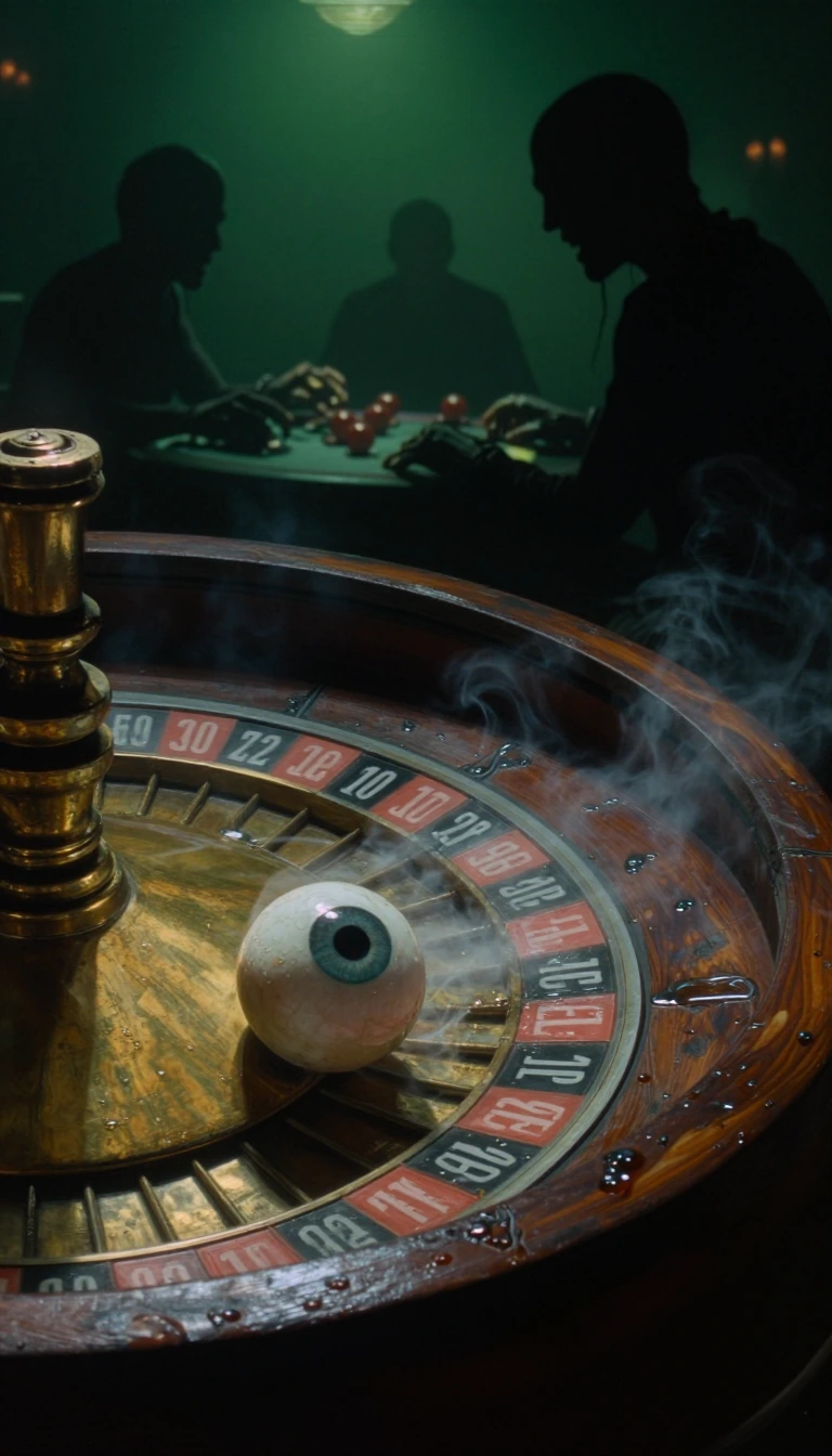 A cinematic, high-detail 9:16 shot in the dark, macabre style of a Stephen King horror story. A side-angle close-up of an antique, weathered wooden casino roulette wheel. Instead of a ball, a realistic, moist, globular human eyeball with a piercing b