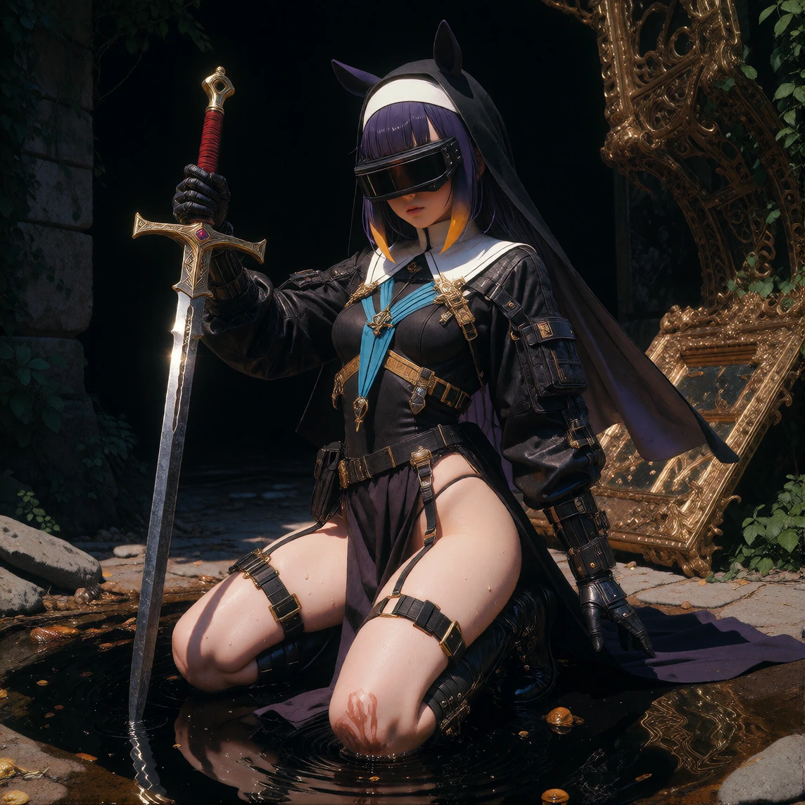 masterpiece, ultra-HD, very aesthetic, 8K, high detail, BREAK dynamic feel, detailed illustration, detailed background, shadow, BREAK 1girl, solo, cute, ninomae ina'nis, BREAK nun, blindfold, combat visor, thong leotard, short showgirl skirt, thigh s