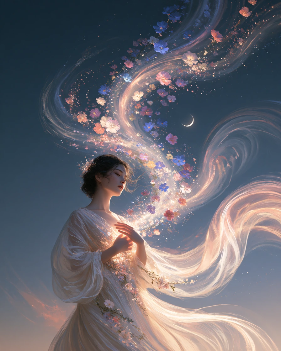 Ethereal fantasy digital artwork of a serene woman in the foreground with flowing dark hair, eyes closed, calm contemplative expression, hands gently resting over her heart emitting a soft warm glow; delicate sheer flowing gown with tiny floral detai