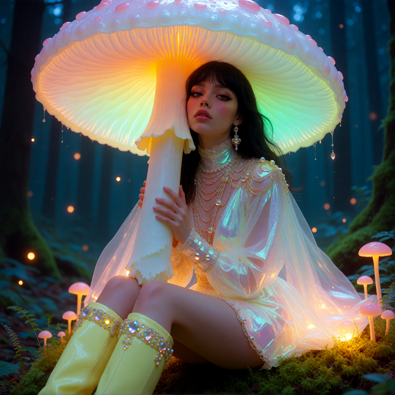 A girl in an iridescent dress sitting cross-legged beneath an oversized mushroom with bioluminescent gills, holding it like a parasol. Twilight forest setting with floating luminous orbs and deep indigo shadows. Her expression dreamy and slightly mel