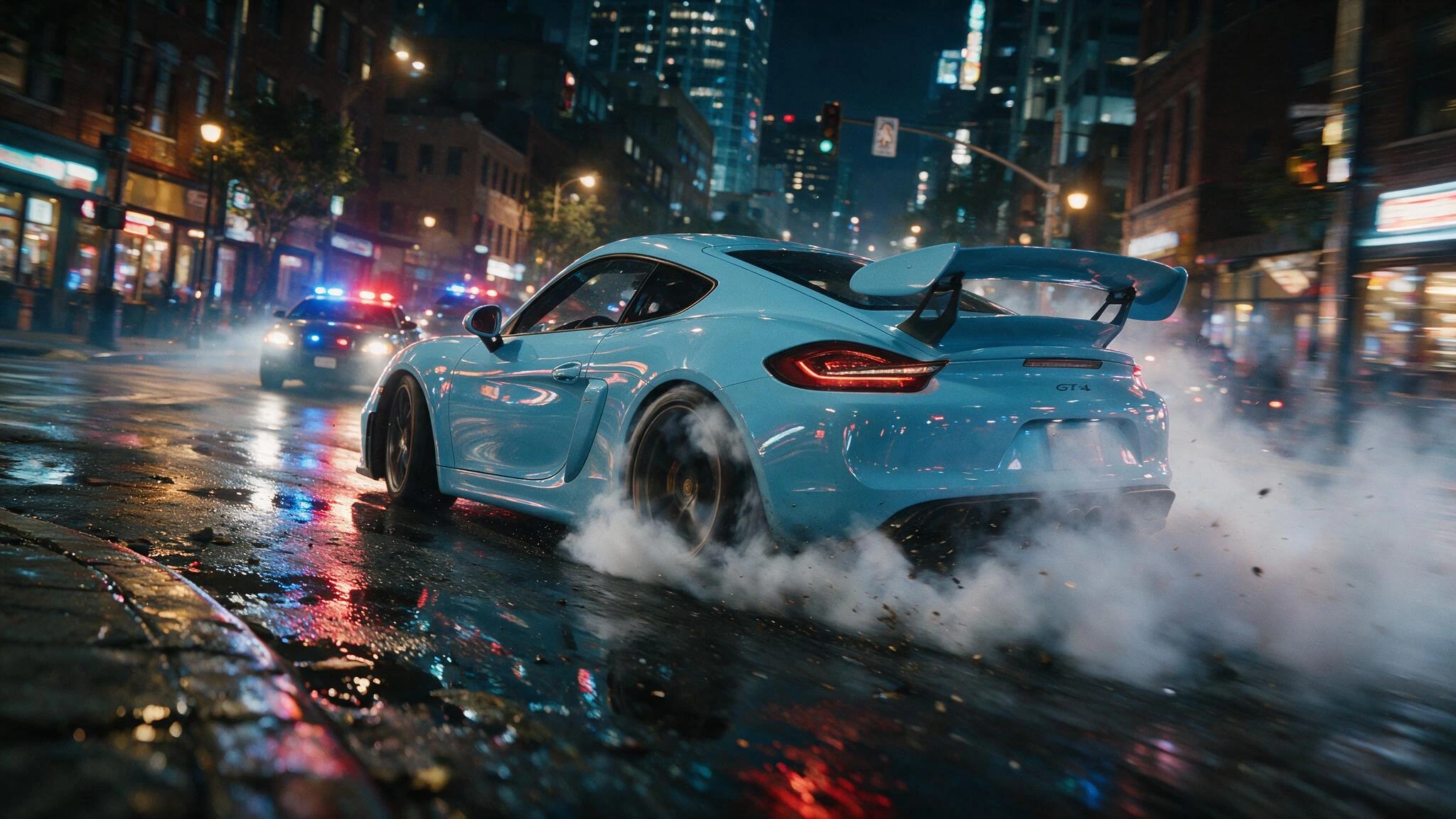 Capture a baby blue Porsche 911 GT4 mid-drift, ripping around a tight city corner at night, its rear end kicked out and tires smoking with thick white tire smoke curling across wet asphalt. Show the car at a dynamic three-quarter angle, low camera po