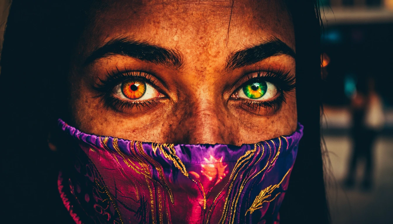 # Vibrant Portrait A striking mixed-media artwork features a close-up face with mesmerizing, multicolored eyes—one radiating orange-red tones, the oth