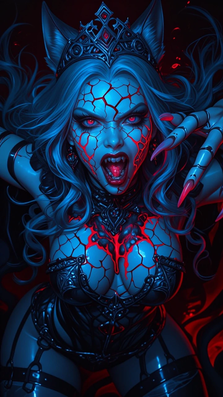 ​A dramatic, high-resolution first-person perspective portrait captures a cracked-porcelain woman in the intense process of a vampire-to-werewolf transformation. Her intricate, filigreed gunmetal metallic crown and prominent, wolf-like ears remain pe