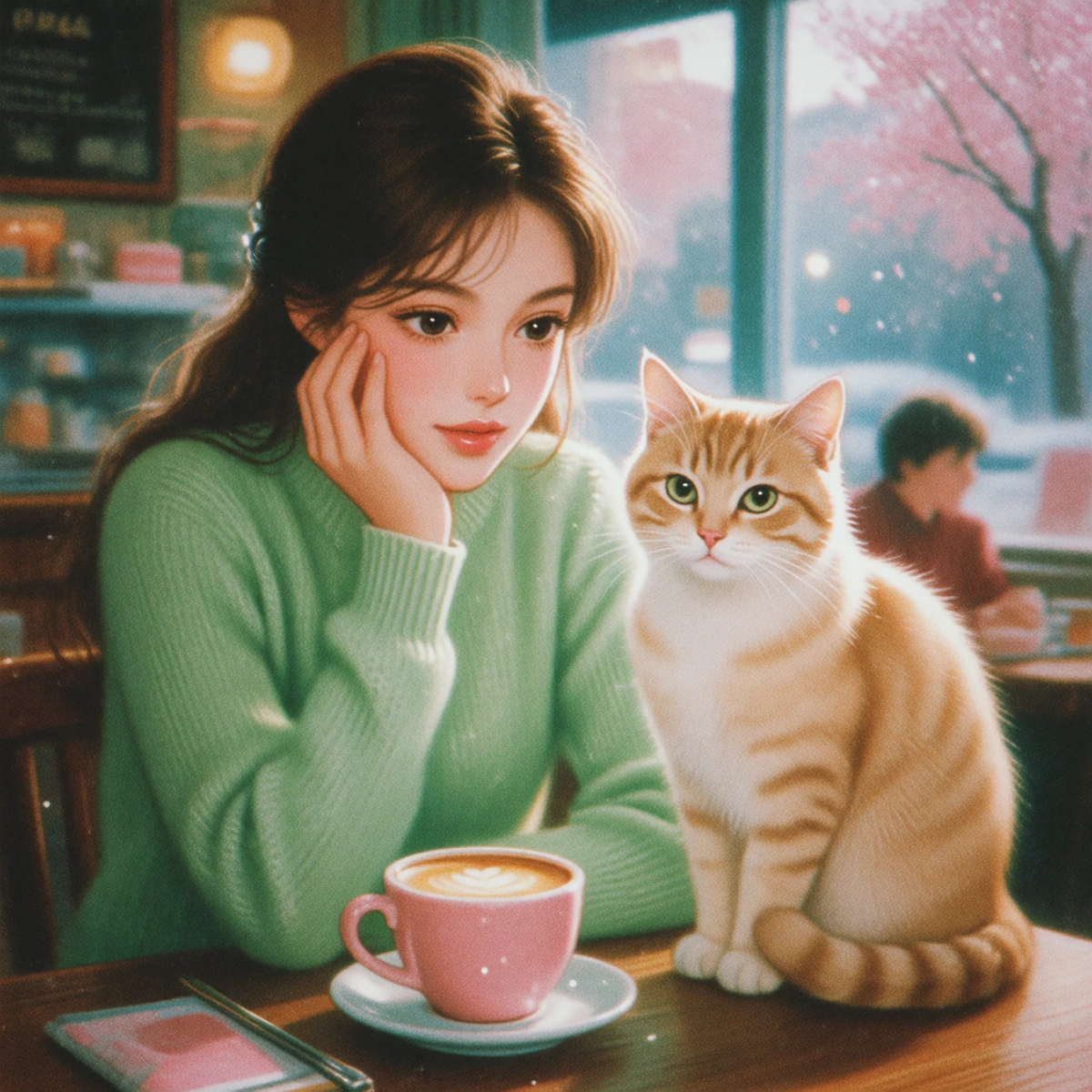 Realistic, airbrushed, manga illustration of a woman with a cat, light green, light tan, light pink in a cozy café, enjoying the early morning