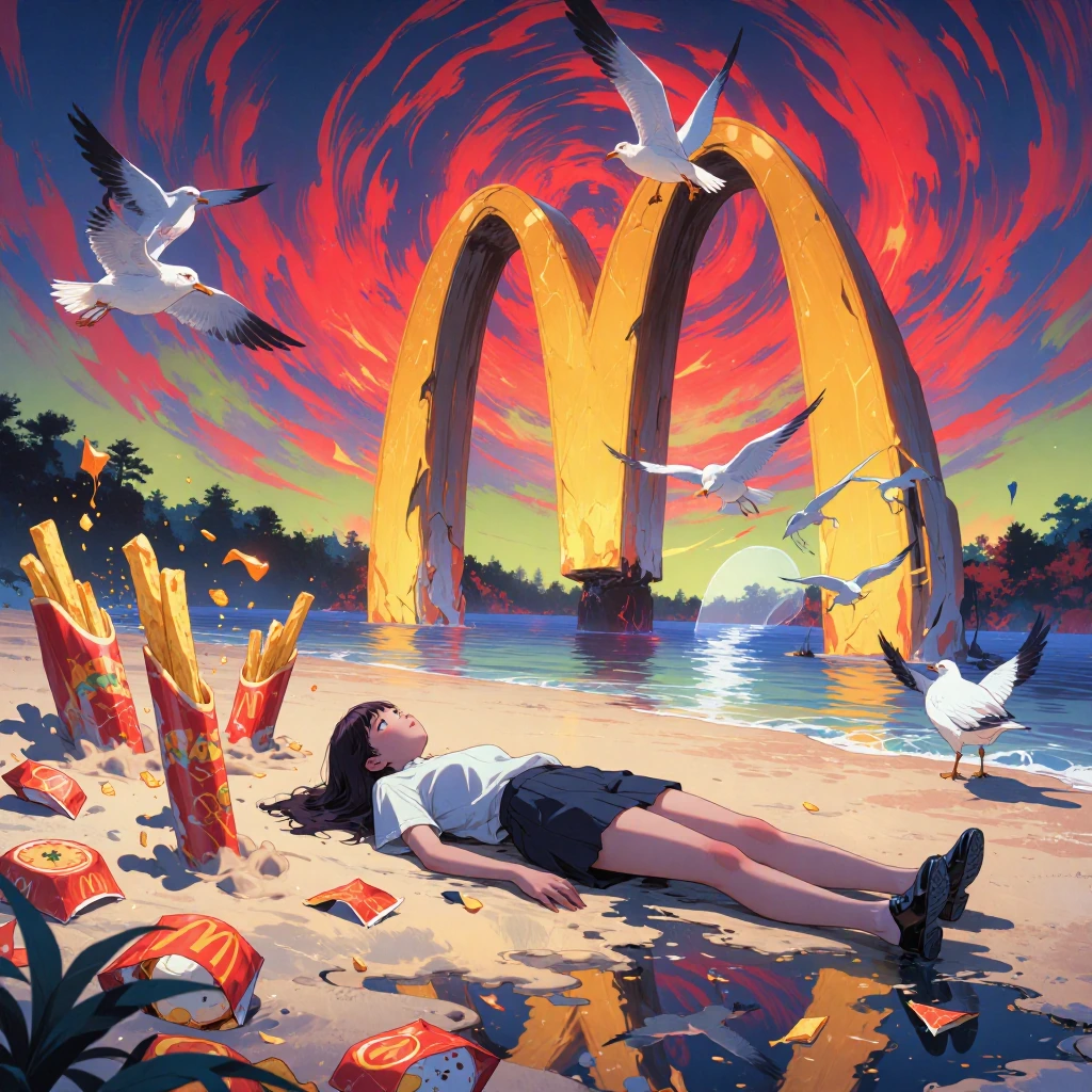 a surreal fever dream scene with the same anime girl sprawled on a warped beach where reality is fractured and melting, mcdonalds imagery glitching and multiplying across the landscape — floating burger wrappers, giant fries jutting from the sand lik