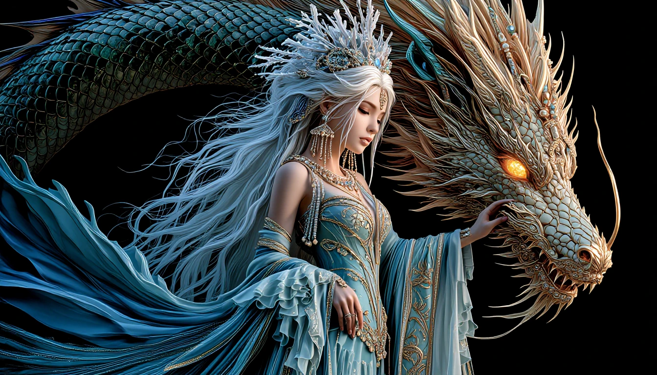 # Ethereal Dragon Queen A porcelain-skinned figure adorns an ornate crown of crystalline branches, her platinum waves cascading in romantic curls. She wears an elaborately embellished gown of ice-blue silk and delicate ruffles, encrusted with shimmer