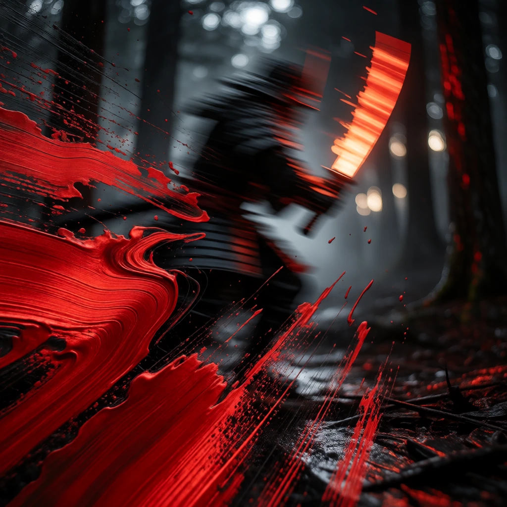 A hyper-stylistic, extremely detailed image depicts a breathtaking painting, crafted from a combination of smeared red and black metallic paint. A charging samurai holding a burning katana in a forest at night is captured in a streaked motion, as if