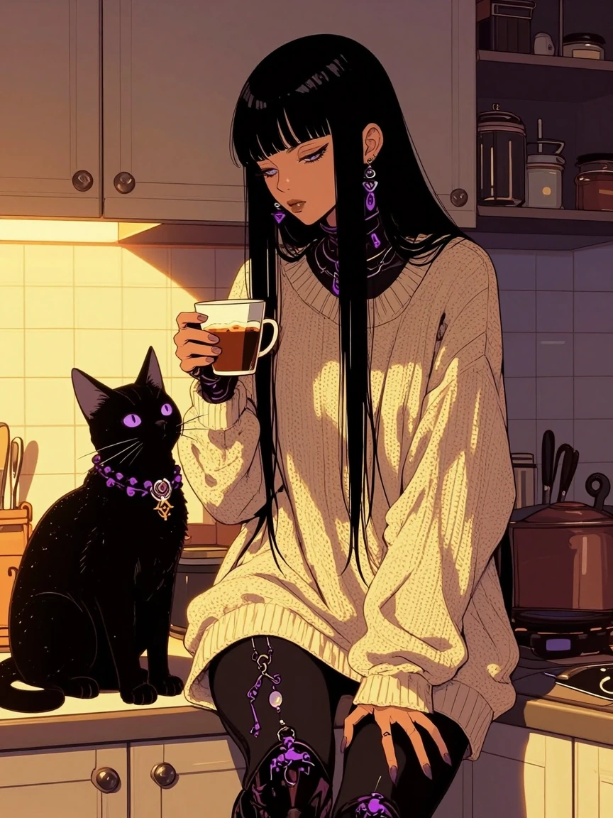 beautiful, cyberpunk, goth woman with her cat in the kitchen, getting coffee. Oversized sweater and leggings, long black hair with bangs, futuristic, 