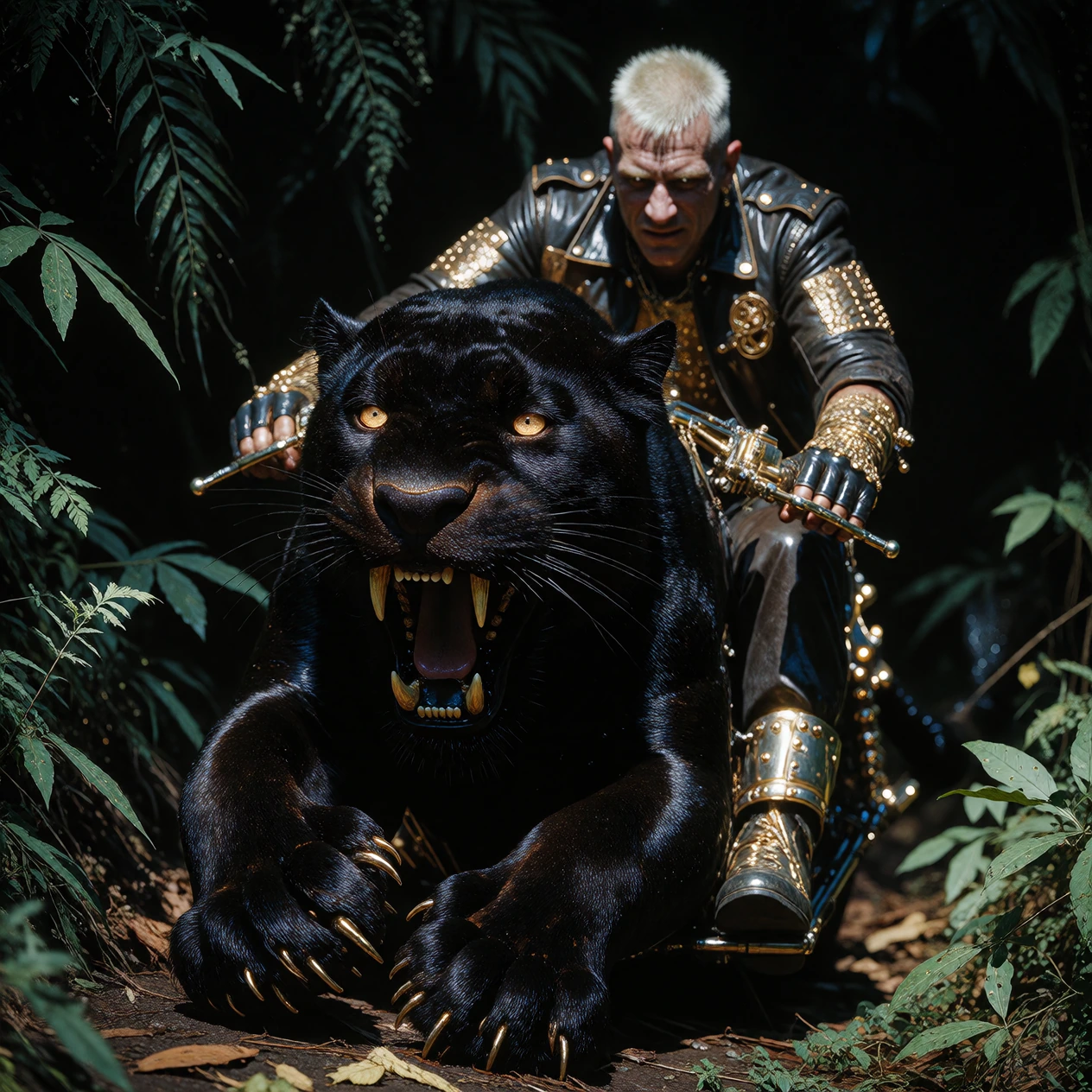 Night of the Panther; A Magnificent Black Panther emerges from Moonlit Jungle Shadows, creating a Powerful Mysterious Encounter... (Side shaved Short Blonde Hair, designer stubble, Handsome, Biker, Jack) Rides a Black Panther like it is a motorcycle,