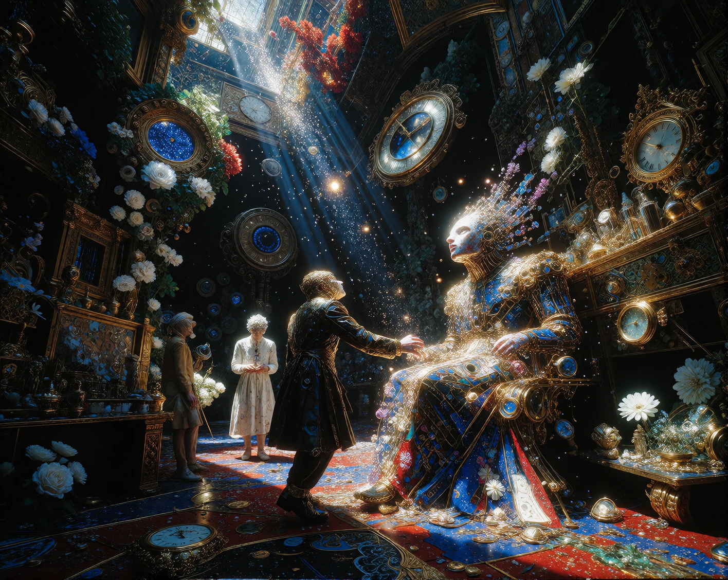A grand, sophisticated surrealist masterpiece depicting an unfinished dream populated by elegant human figures. A group of mysterious, beautifully dressed people occupy an immense dreamlike space filled with impossible architecture, floating fragment