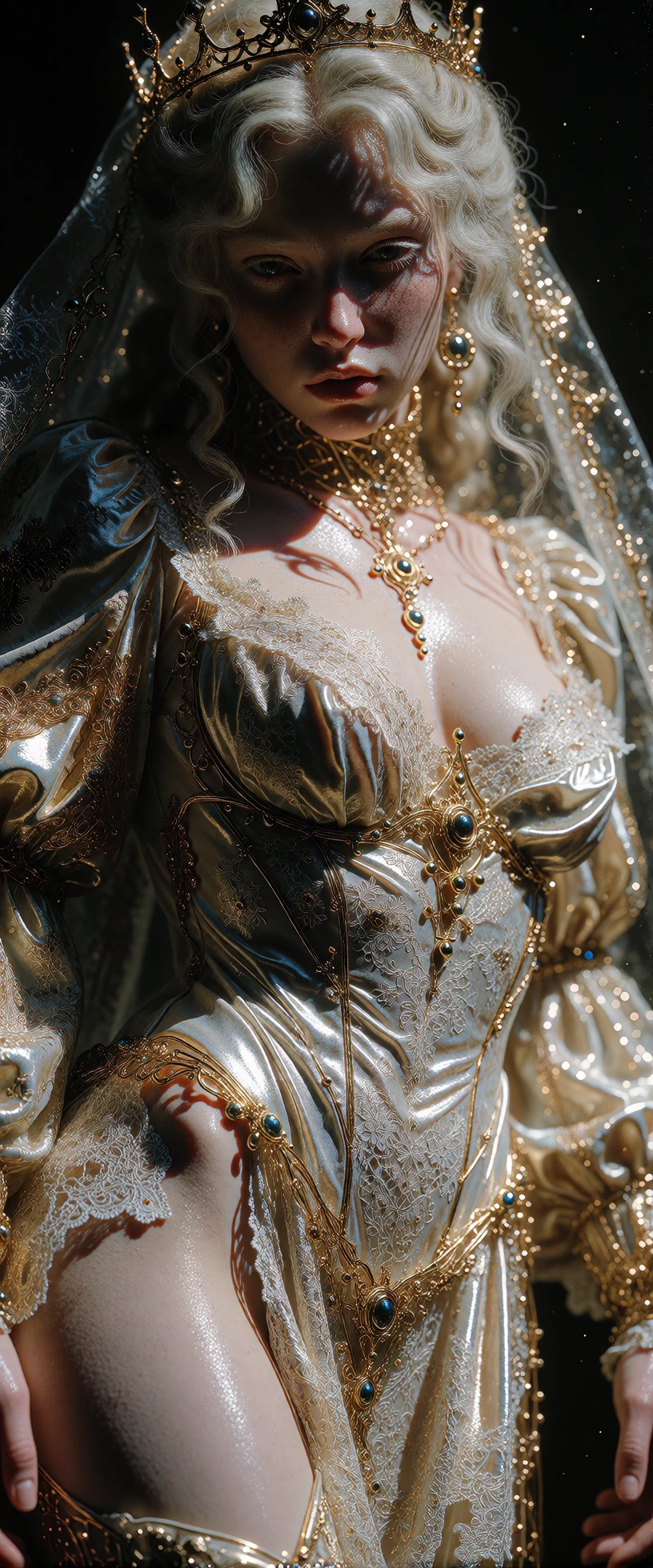 Ultra-photorealistic, hyper-detailed, full-body image of a young beautiful princess in a powerful, confident pose. Cinematic realism, sensual dominance conveyed through body language, posture. She stands with subtle hip tilt and arched spine, shoulde