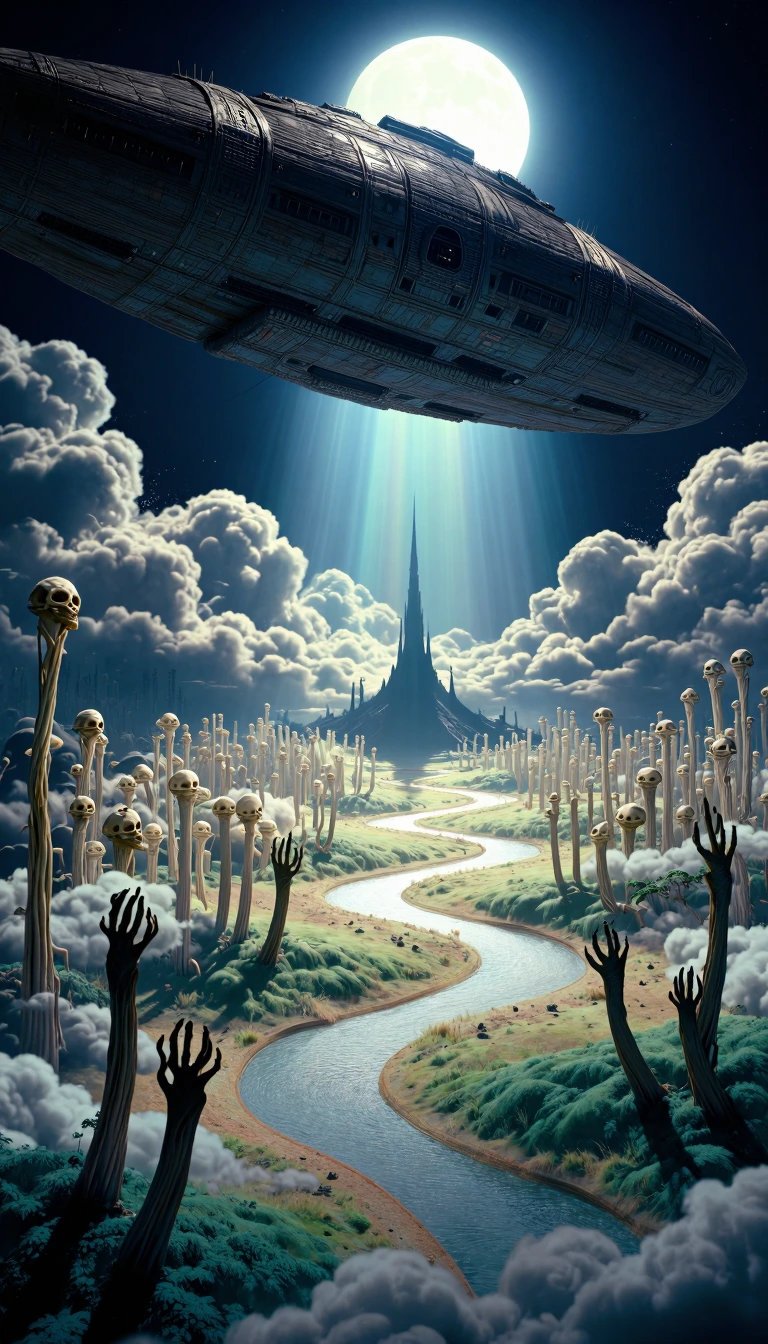 # Alien Landscape A colossal spacecraft hovers above an otherworldly terrain of pale, skeletal forests. The massive vessel's weathered hull dominates 