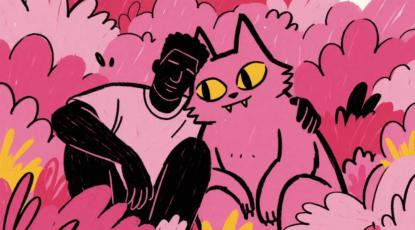 16:9 keyframe, high-grade illustration mixed with raw hand-drawn animation cel aesthetic, bold imperfect black ink lines, rough crayon-like texture, heavy scribbled marks, --sref 2047593631 Two unlikely besties in a saturated pink world. A Black Amer
