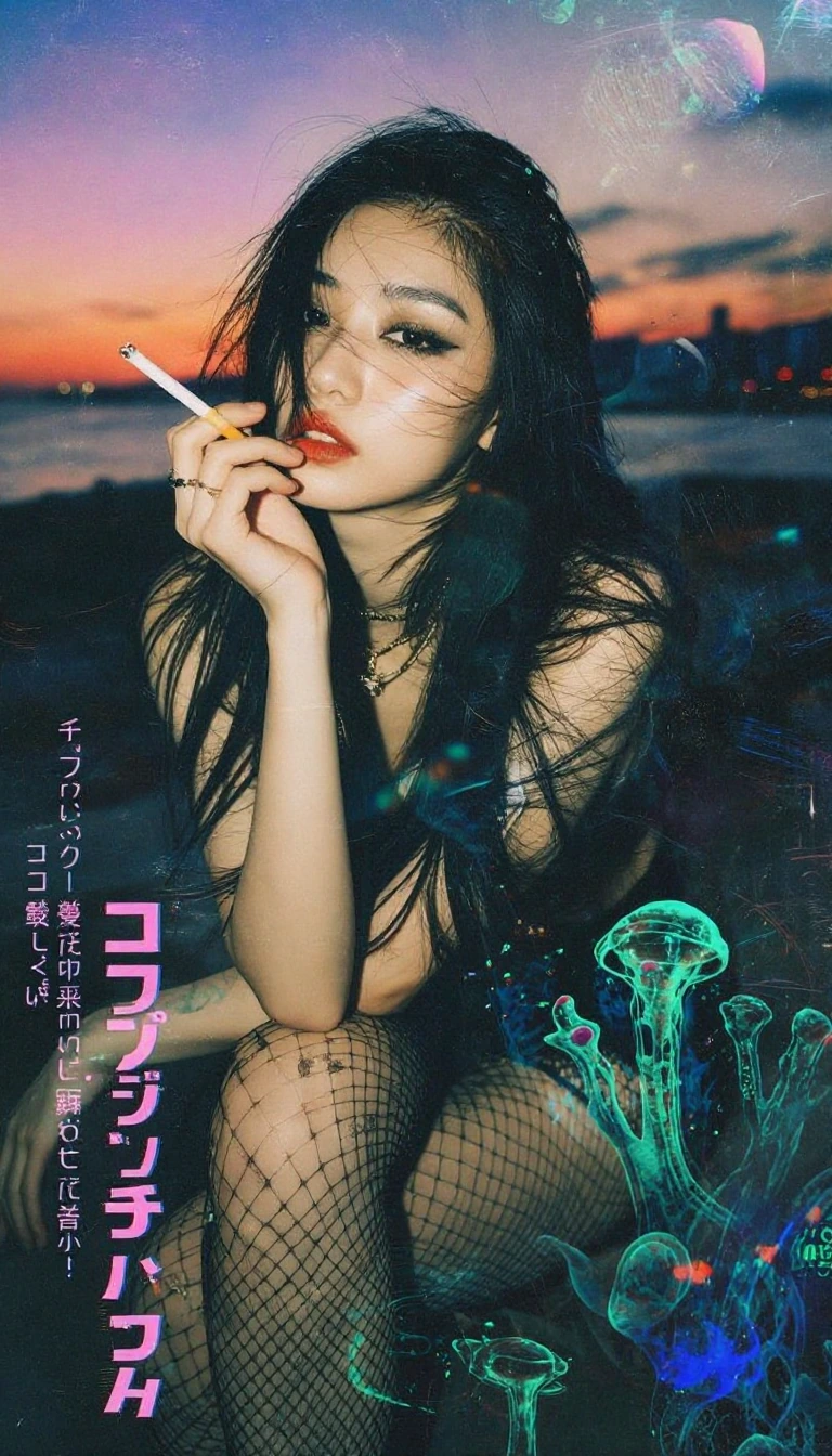 A high-angle shot captures a young woman with long, dark hair and dramatic eye makeup, looking directly at the camera while holding a cigarette to her lips. dark and moody portrait , She is wearing black lingerie, fishnet stockings, and subtle jewelr