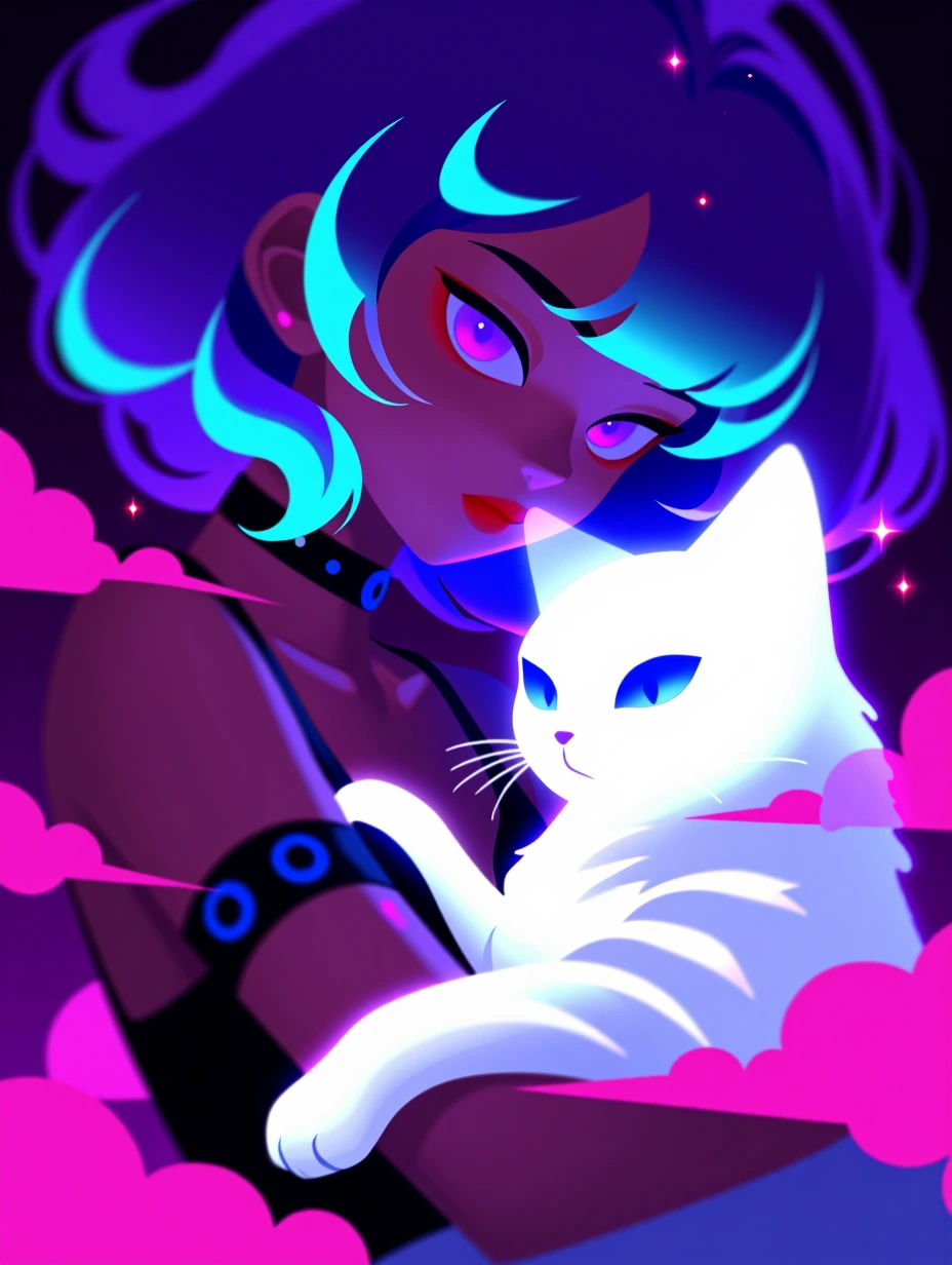A striking digital illustration features a woman with voluminous blue-purple hair, adorned with neon light effects that glow cyan and magenta. Her violet eyes gaze downward with perfectly applied makeup and bold red lips. She wears a black choker and