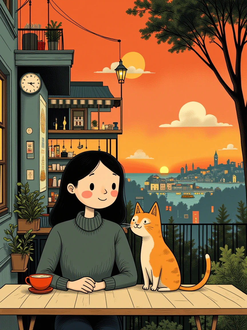 Woman with her cat at a café. colorful sunrise.