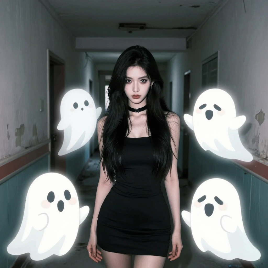 A beautiful woman with sharp features and pale complexion posing in an eerie abandoned hospital corridor with peeling wallpaper, while adorable illustrated ghosts with sweet expressions and soft glowing auras surround her