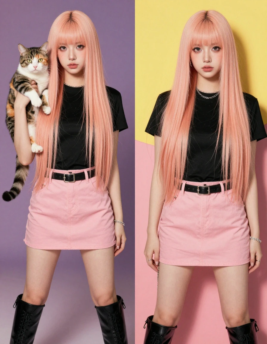 collage with hint of pop-art, beautiful woman with long straight, peach, platinum hair, with a cat, mini skirt and boots