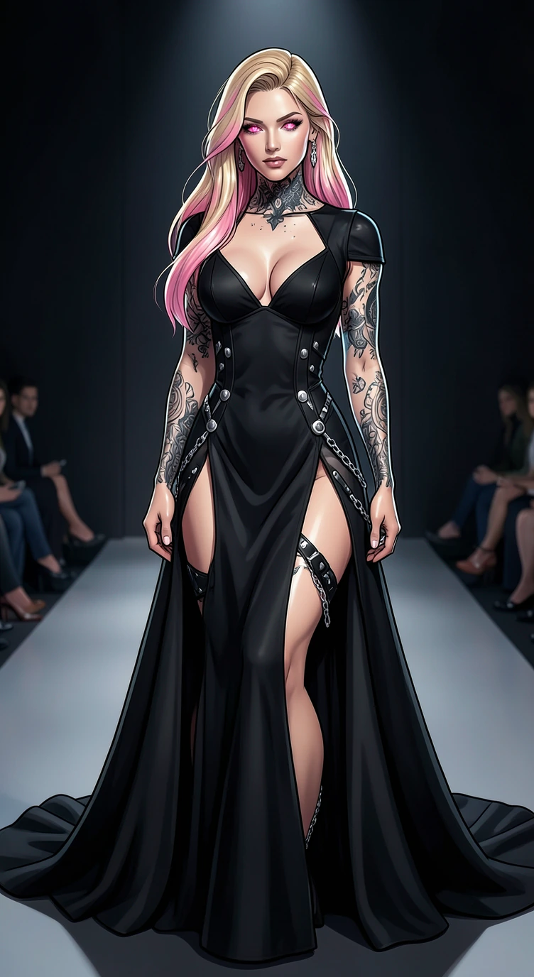 Masterpiece, best quality, ultra-detailed digital illustration, highly polished rendering, sharp clean lines, beautiful stylized proportions. Trouble Chaos in high fashion editorial style. Long blonde hair with soft pink streaks styled elegantly, glo