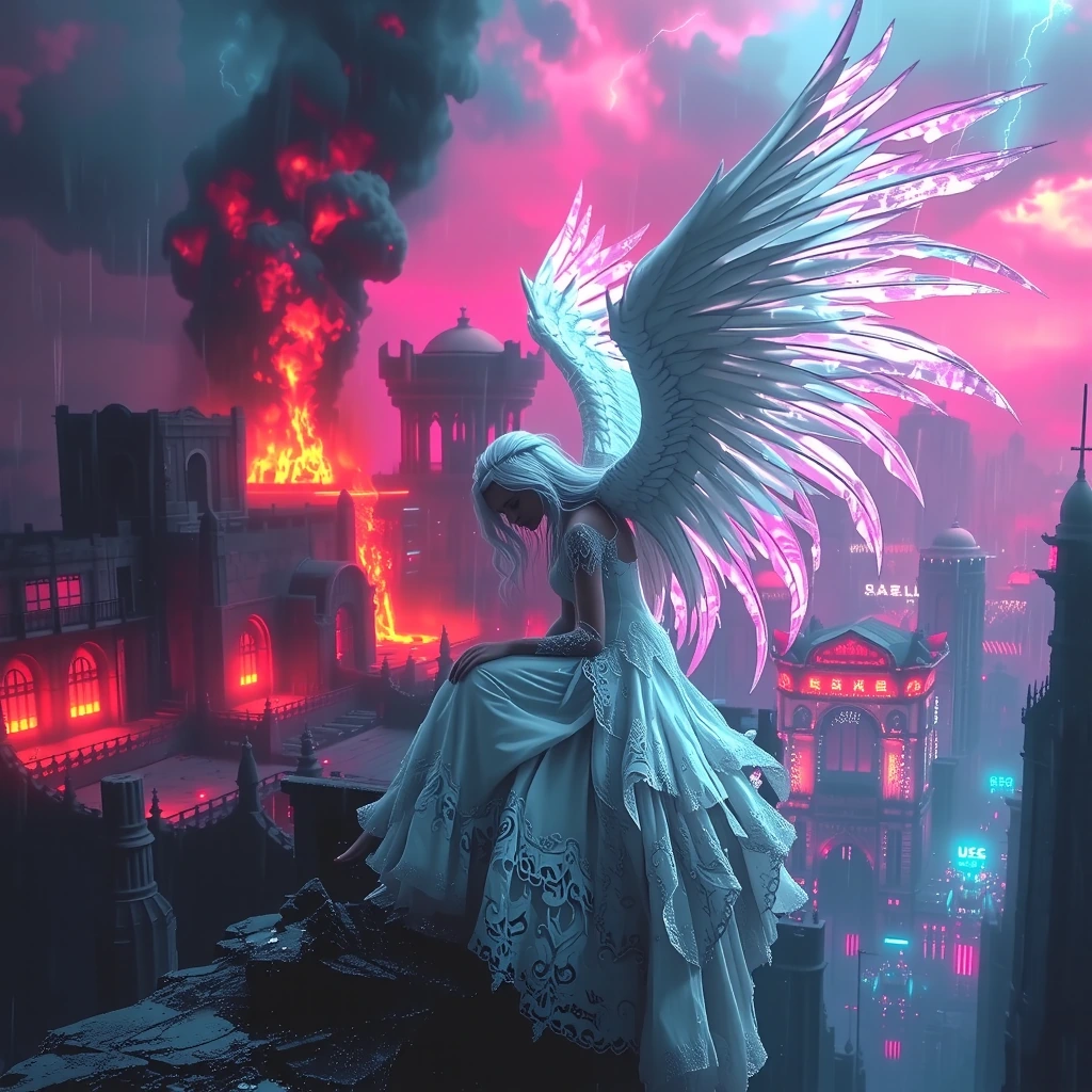 Platinum-haired angel in white lace wedding dress, massive feathered wings, sitting on crumbling cliff edge, melancholic gaze downward, burning fantasy city ruins ablaze behind her, apocalyptic flames and black smoke, stormy lightning sky, cinematic