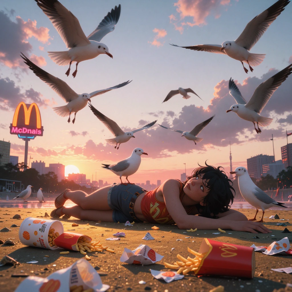 an anime girl sprawled dramatically across golden sand at sunset, surrounded by scattered mcdonald's…