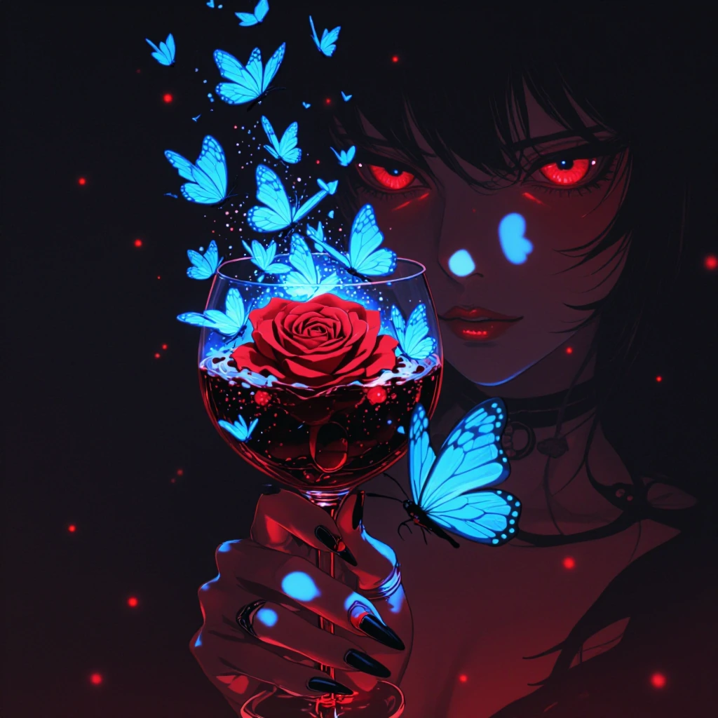 A digital illustration in anime style, set in a dark fantasy world, with an intensely dramatic feel. A close-up of a mysterious character with dark hair and intense, luminous crimson eyes, holding a richly decorated stemmed glass. Inside the glass, s