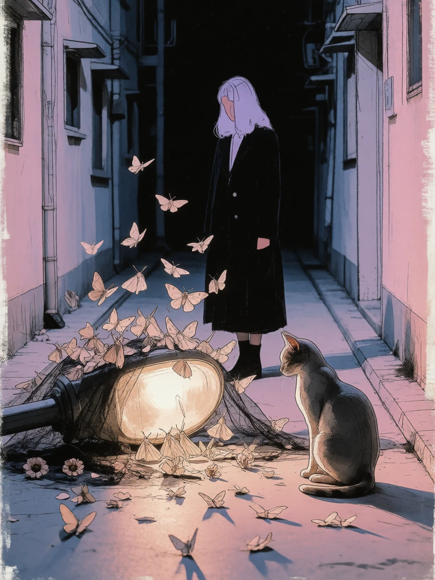 A surreal artsy mixed media scene titled by mood: moths having a funeral for a broken streetlight at night, dozens of pale moths gathered like mourners around a dim fallen lamp, tiny scraps of black veil and paper flowers, a sleek cat sitting solemnl