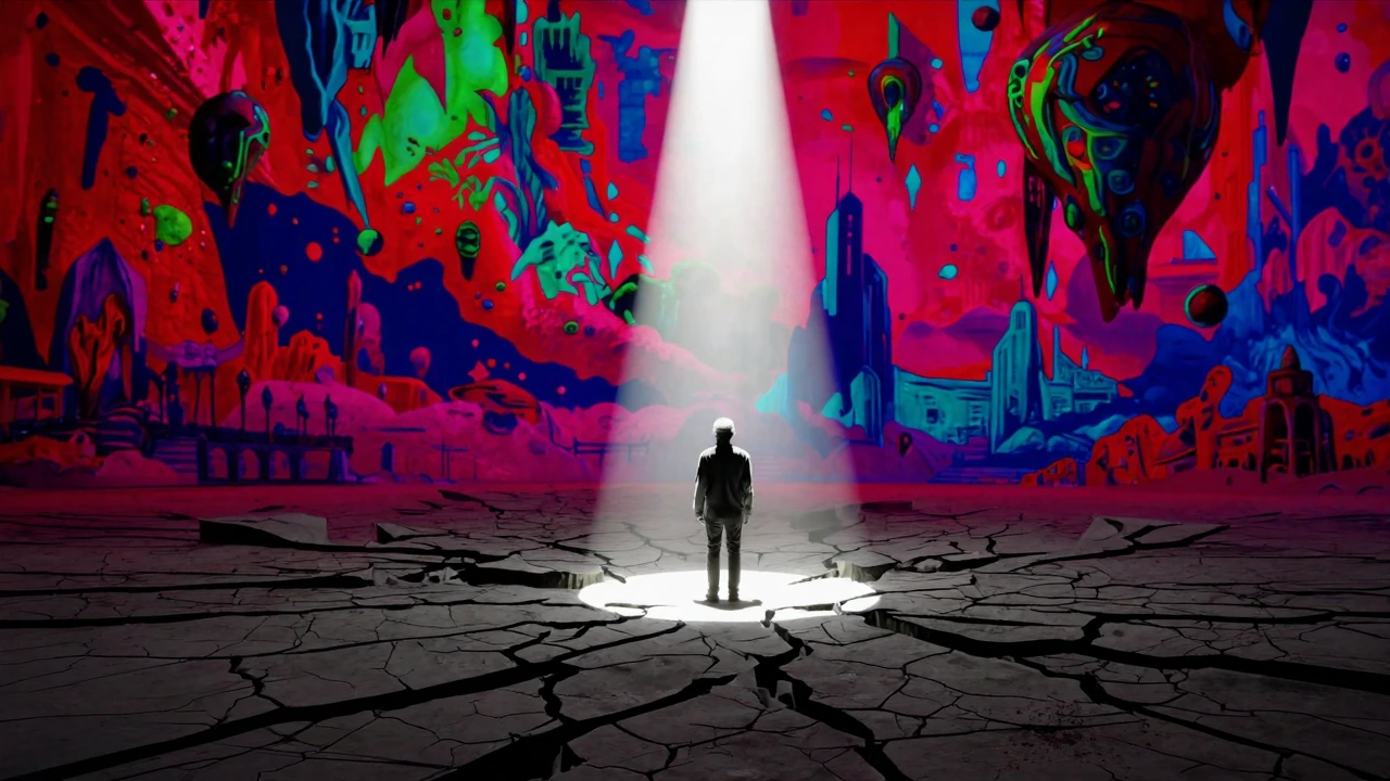 Avant-garde surreal keyframe with powerful conceptual contrast. A lone figure stands in the center of a vast, cracked and fracturing reality. The entire environment is fully colorized in rich, surreal, and intense colors — deep reds, electric blues, 