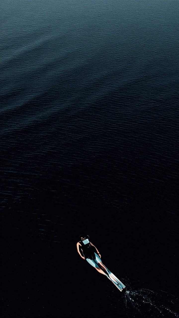 A very zoomed out pic of a swimmer in scuba gear buoyant over a extremely wide and massive pitch black ocean void