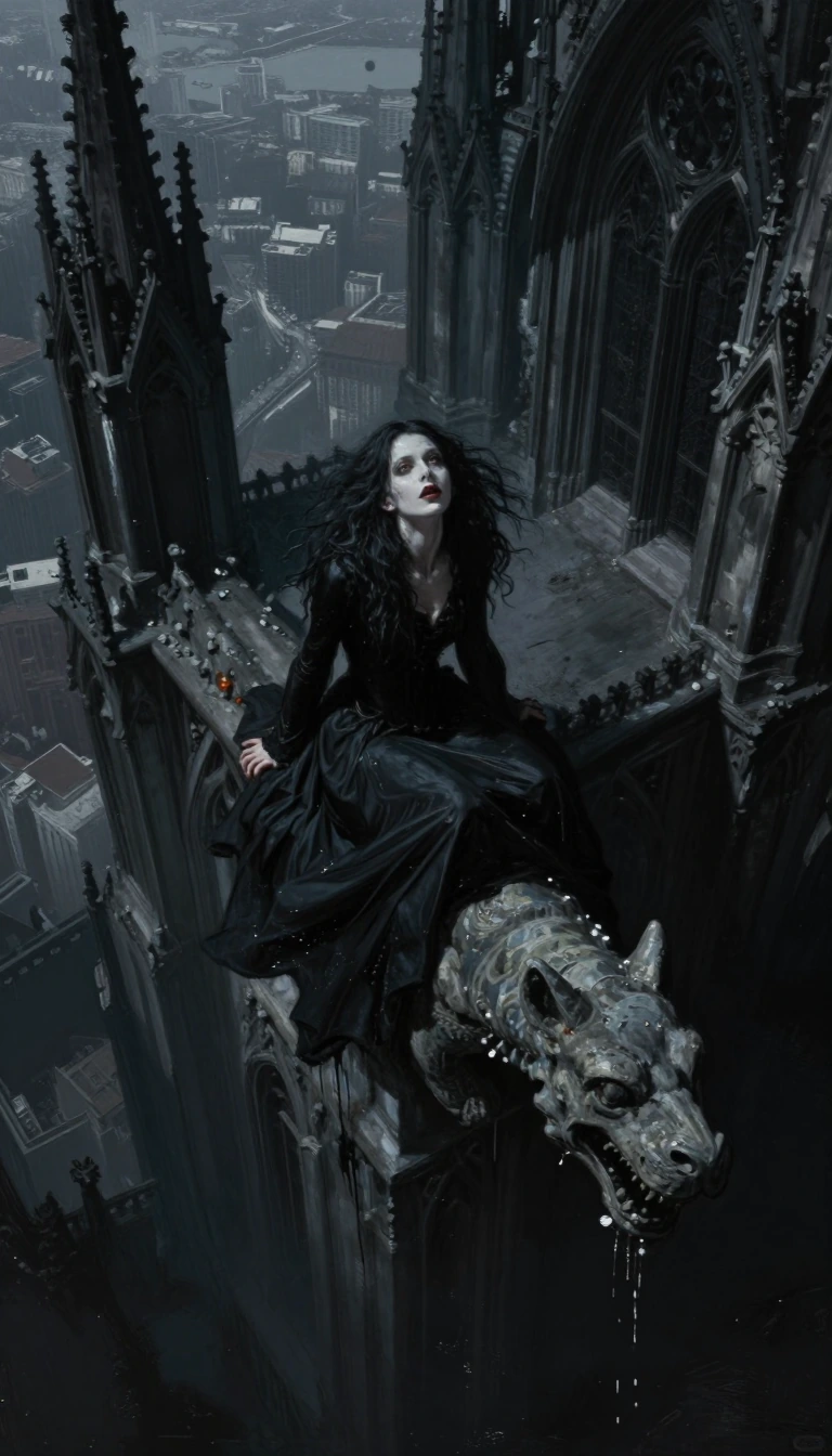 A stunning dark gothic woman, seated on a gothic cathedral gargoyle, contrast, dynamic brilliance, interconnected, imagination, dystopia, euphoria. Da