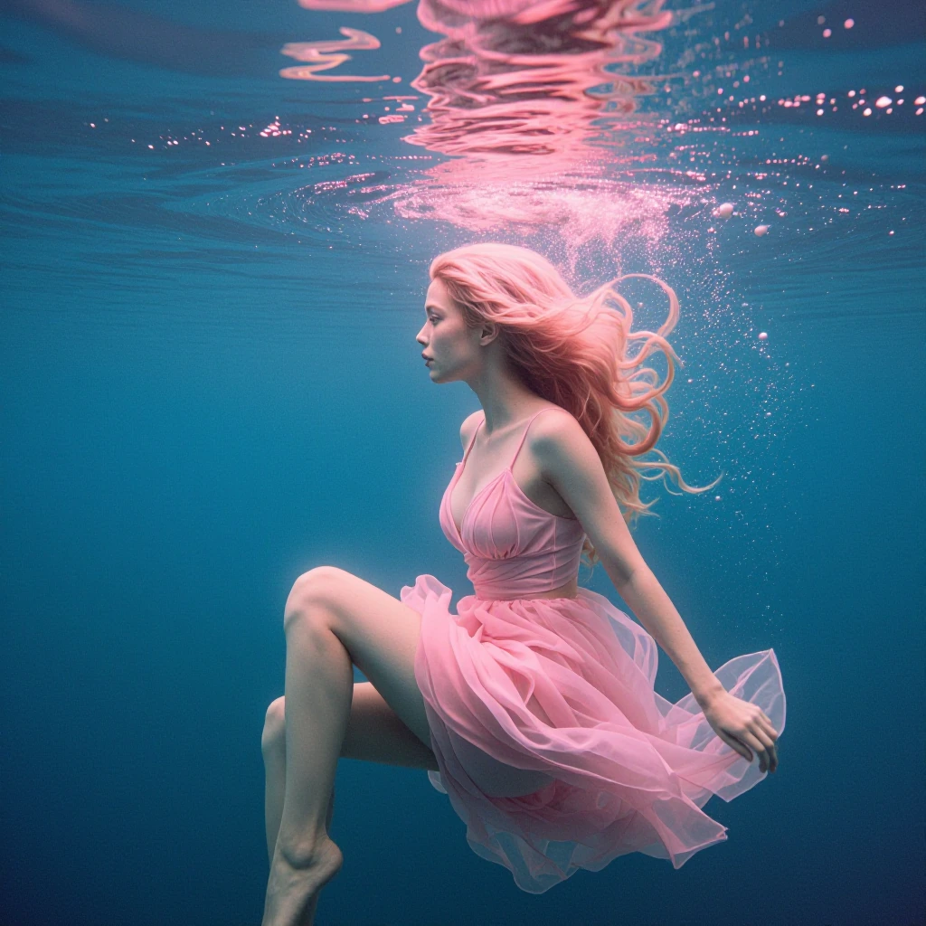 underwater dream, beautiful pastel woman sitting in the blue pink water