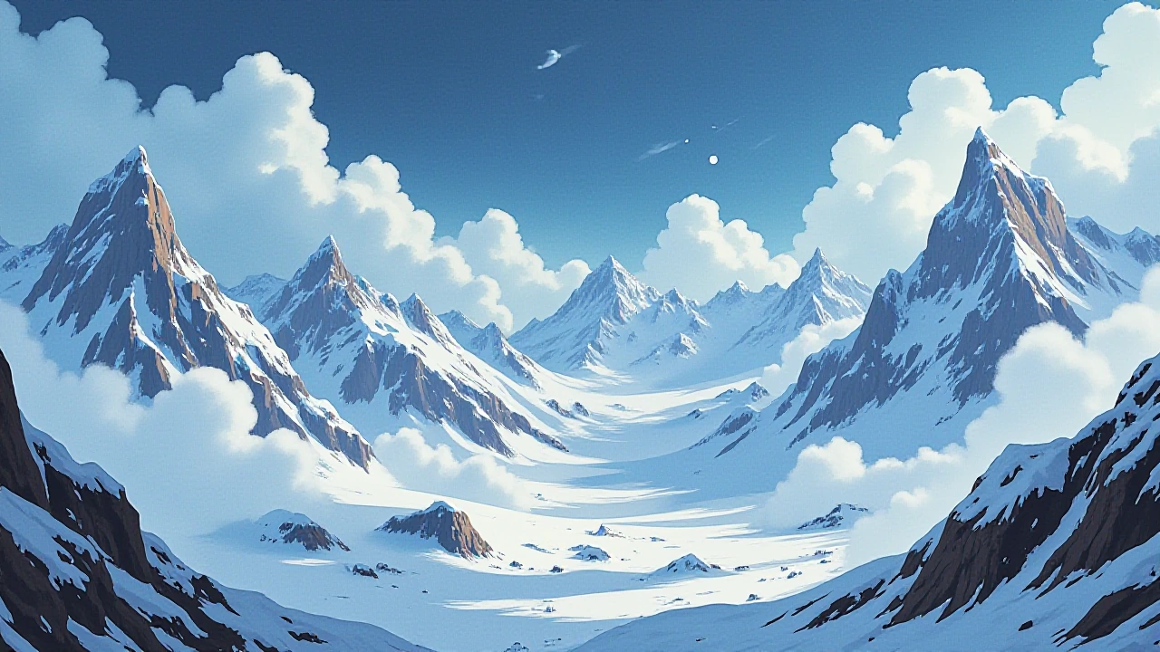 Cinematic moody atmospheric wide landscape of intense blizzard over jagged mountain peaks with heavy snow and wind, dramatic whites and cool blues, hi