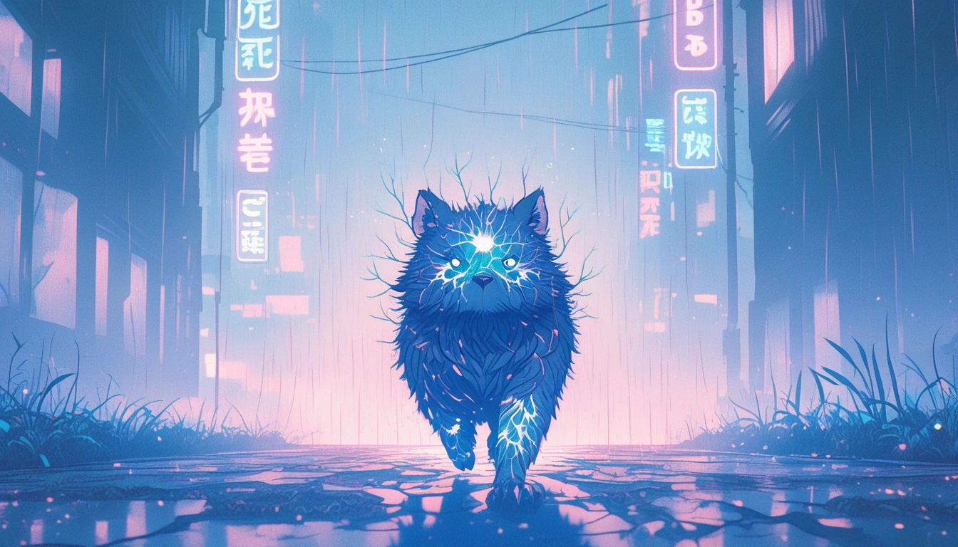 A majestic animal walking through a rain-soaked cyberpunk city at night, neon signs reflecting in puddles, volumetric fog, dramatic rim lighting, cinematic photograph