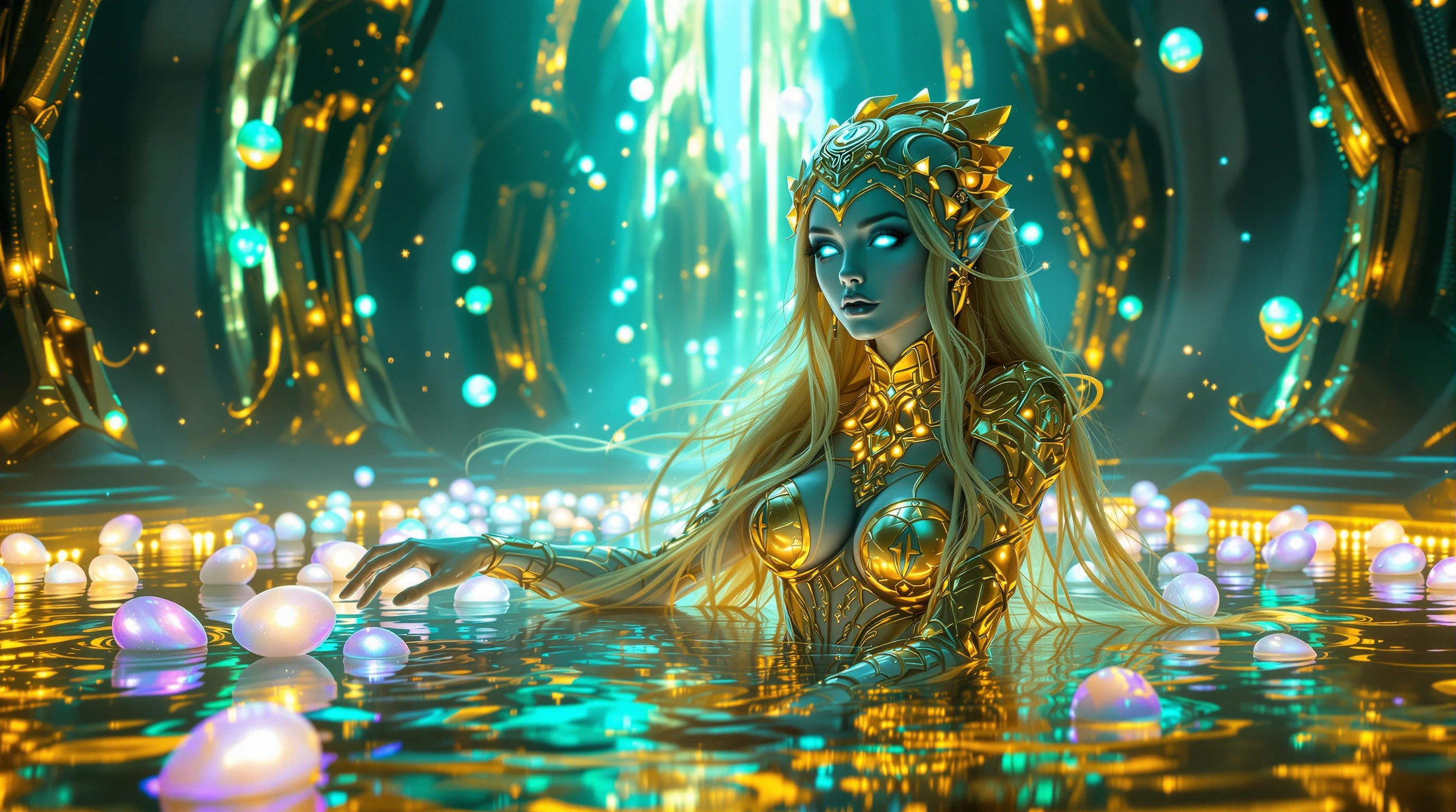 Alien Sorceress in Bioluminescent Chamber Ethereal alien goddess, porcelain-skinned extra-terrestrial beauty, hypnotic luminous eyes, graceful humanoid features, draped in form-fitting metallic gold bio-armour with intricate runic patterns, ornate ce