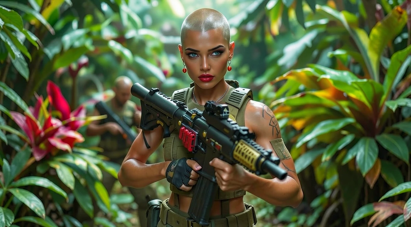 Gorgeous shaven headed tactical blonde bombshell, with cherry lips, determined blue eyes, a slight o…
