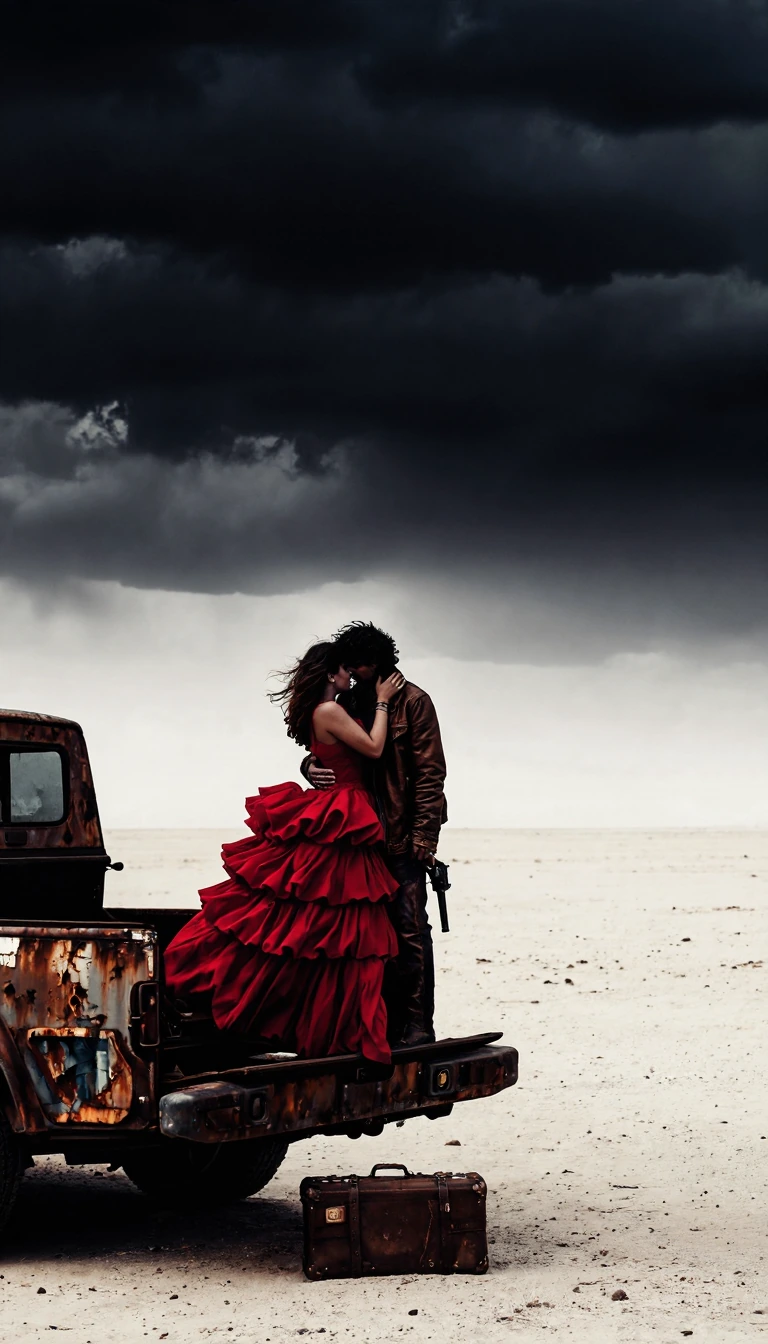 # Desert Romance A couple stands intimately on a weathered, rust-corroded truck bed in an expansive wasteland. The woman wears a striking crimson gown with voluminous ruffled layers, her hair windswept. The man is dressed in a worn brown leather jack